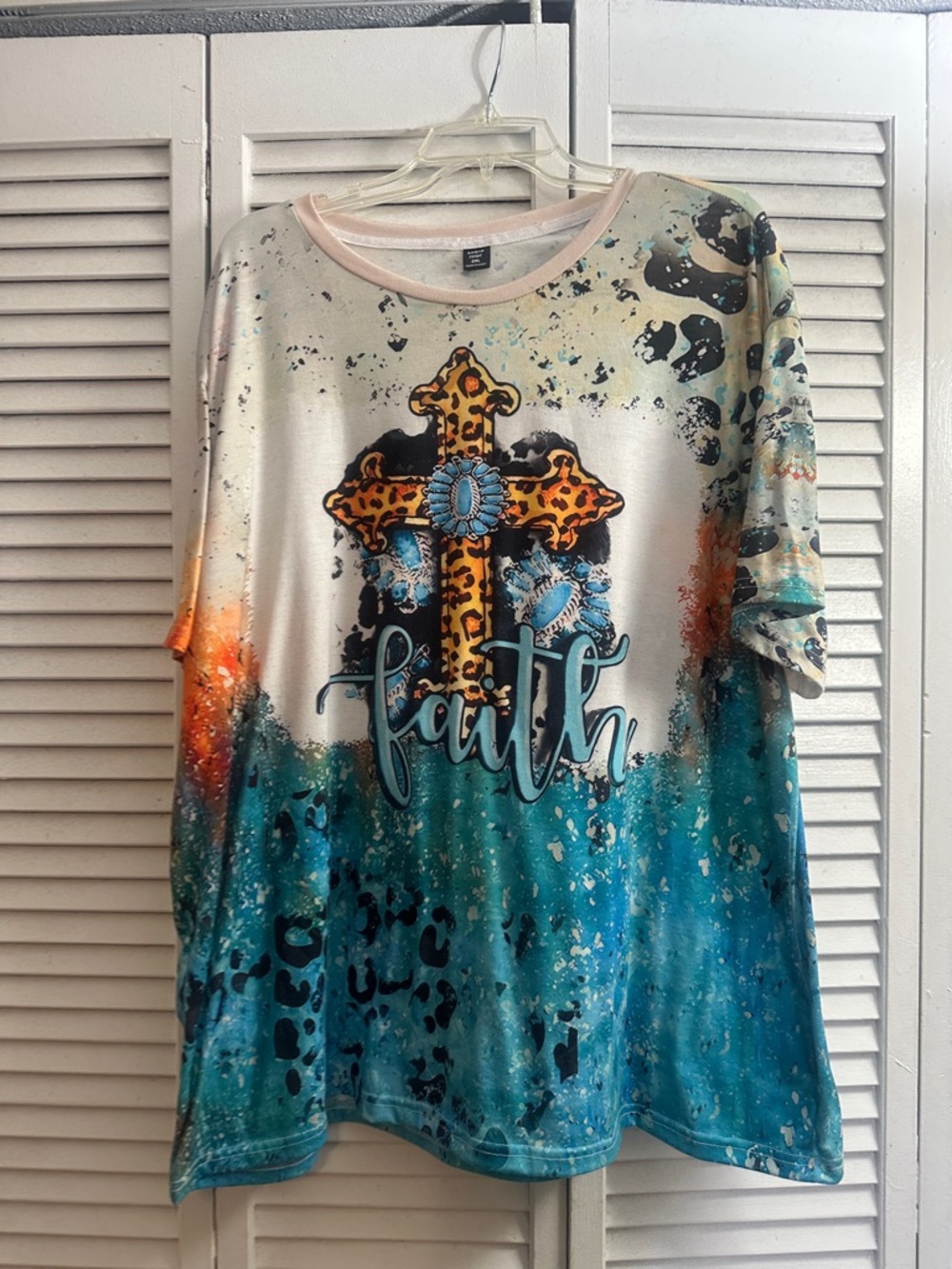 Faith Cross Graphic Ladies Top - Teal & Orange